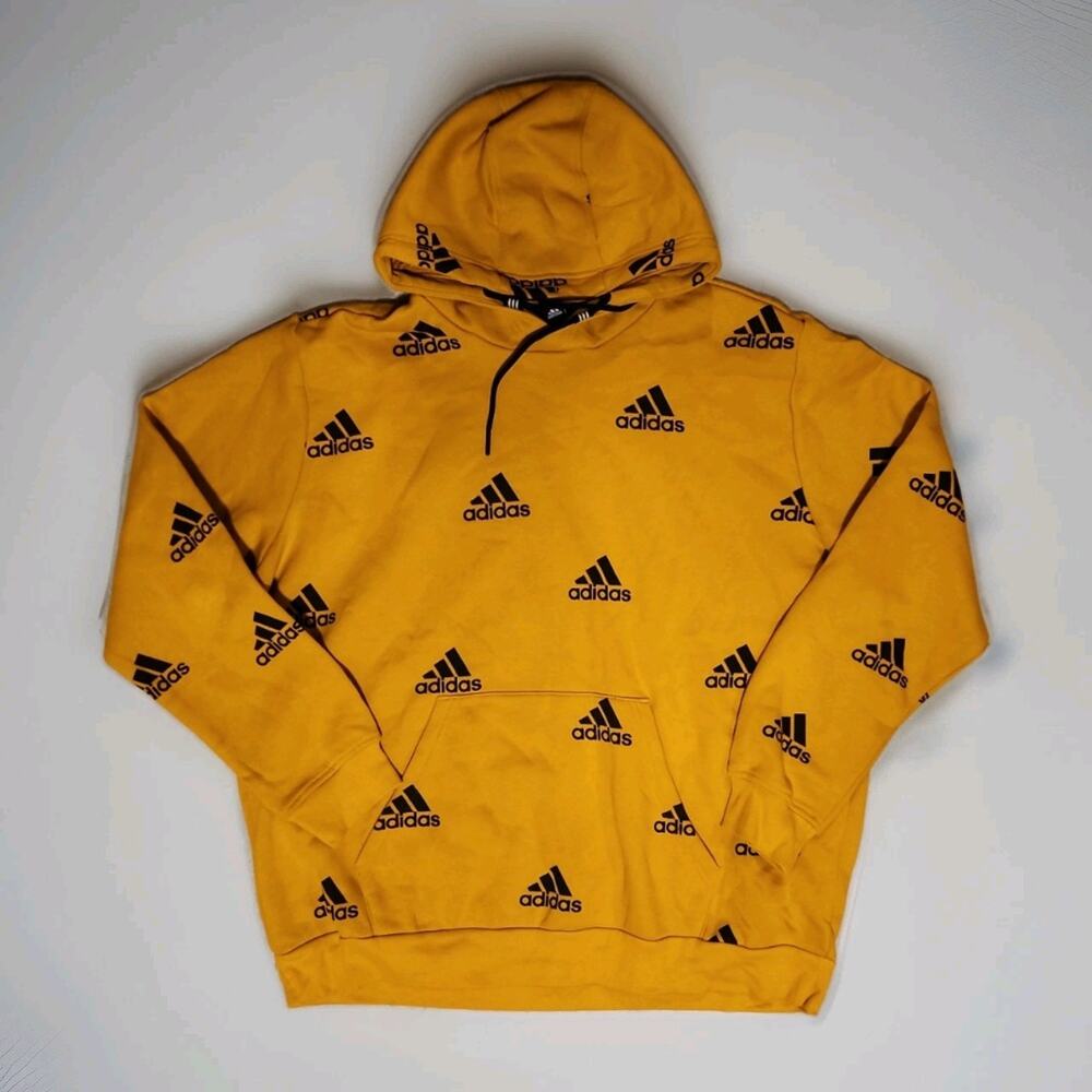 adidas Mens Large Gold Yellow Allover Badge of Sport Logo Hoodie Sweatshirt L